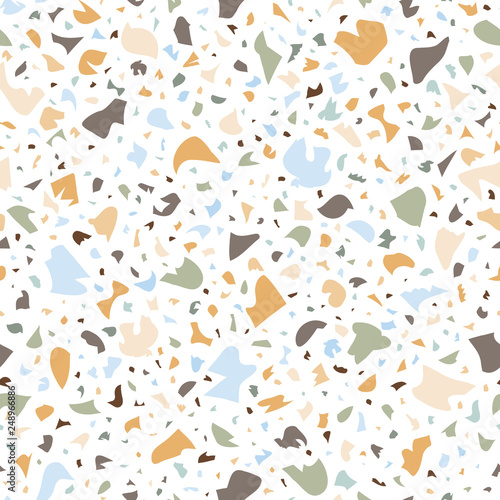 Colorful Terrazzo vector seamless pattern background on white. Granite and quartz rocks mixed chips look print. Trendy texture for home decor, products surface, etc.
