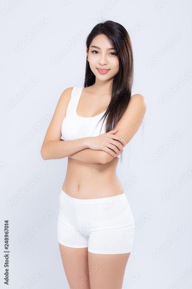 Portrait young asian woman smiling beautiful body diet with fit isolated on white background, model girl weight slim with cellulite or calories, health and wellness concept. Portrait young asian woman smiling beautiful body diet with fit isolated on white background, model girl weight slim with cellulite or calories, health and wellness concept.