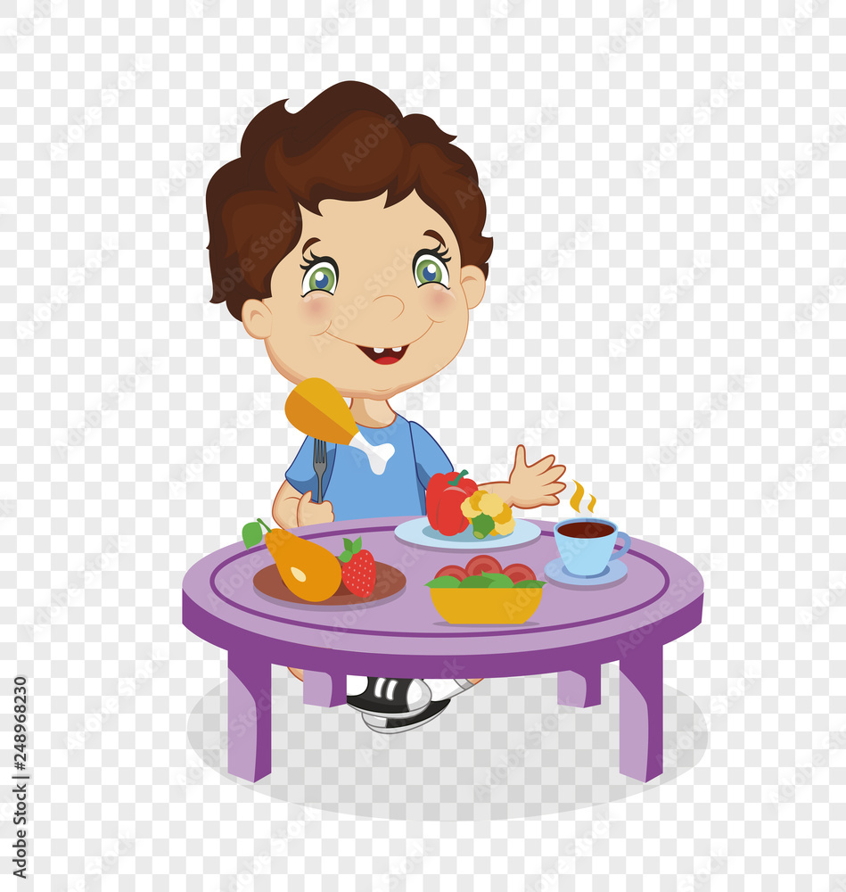 Funny Smiling Cartoon Boy Eating Dinner at Table Stock Vector | Adobe Stock