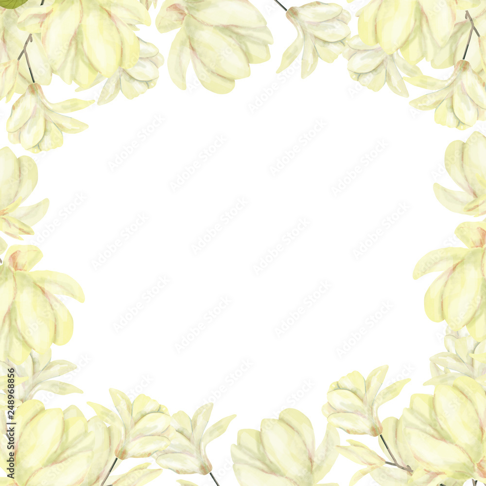 Wedding Invitation, floral invite card, olive floral and magnolia geometric golden frame print. White background. Wedding Invitation, floral invite card, olive floral and magnolia geometric golden frame print. White background.