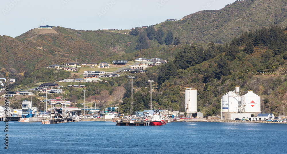 Picton, New Zealand - 25 August, 2017: Waitohi Wharf is a general-purpose finger wharf predominantly used by roll on-roll off vessels and cruise ships.