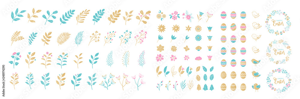 Set of Easter elements for typographic design. Wreaths, leaves, branches, berries, birds, flowers, eggs. Vector illustration in cartoon style.