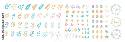 Set of Easter elements for typographic design. Wreaths, leaves, branches, berries, birds, flowers, eggs. Vector illustration in cartoon style.