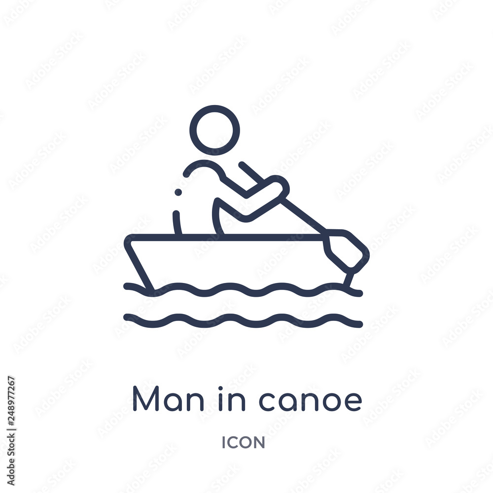 man in canoe icon from sports outline collection. Thin line man in canoe icon isolated on white background. man in canoe icon from sports outline collection. Thin line man in canoe icon isolated on white background.
