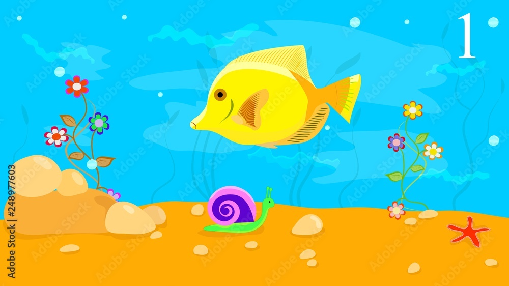 Marine background with fish, marine life, in the vector, designed for   cards, banners, children's books, animation
