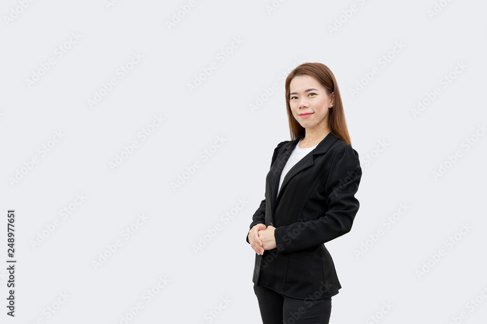 asian business woman Crossed hands standing with long hair in black suit isolated on white color background asian business woman Crossed hands standing with long hair in black suit isolated on white color background