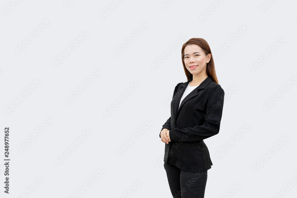 asian business woman Crossed hands standing with long hair in black suit isolated on white color background asian business woman Crossed hands standing with long hair in black suit isolated on white color background
