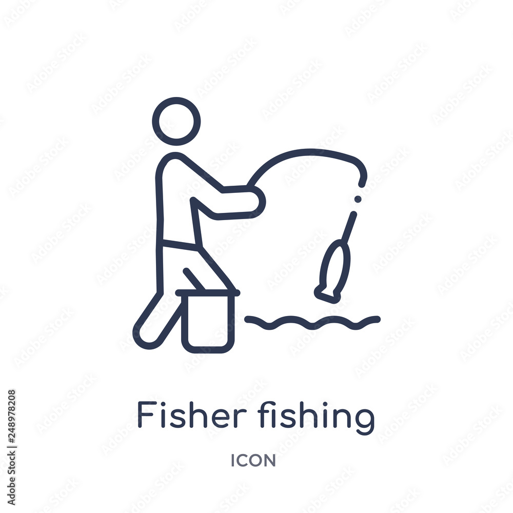 fisher fishing icon from sports outline collection. Thin line fisher fishing icon isolated on white background.
