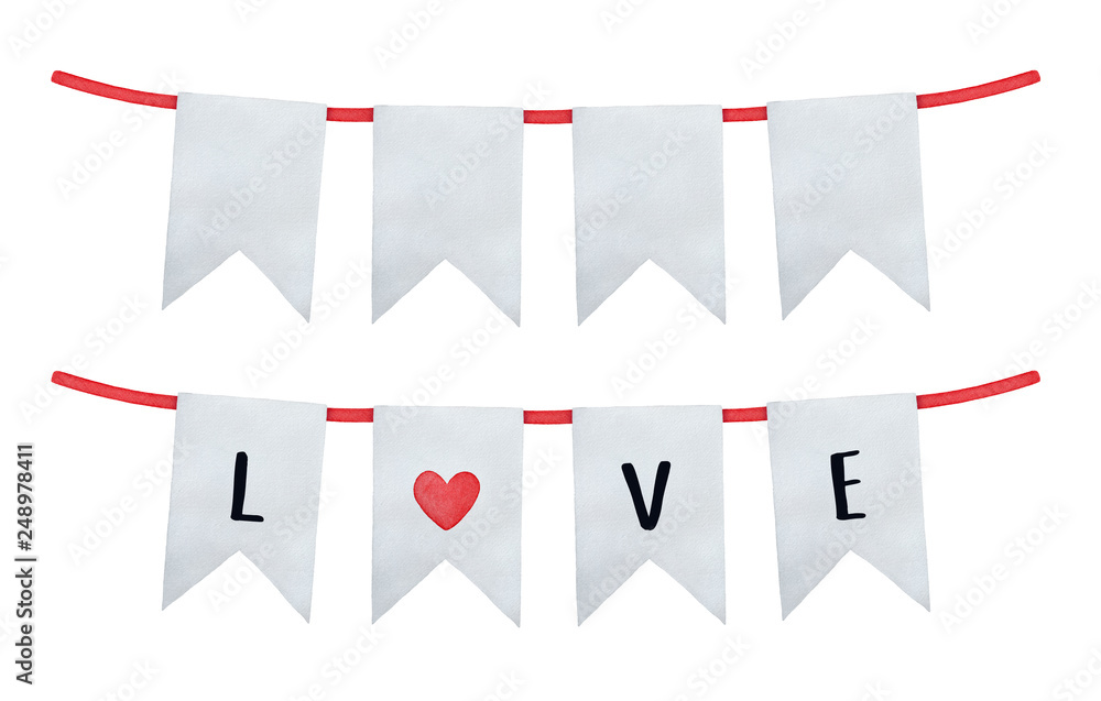 Obraz premium Hanging garland with 4 decorative flags and red festive rope. Two variations: with text inscription 