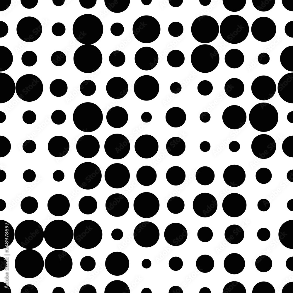Black and white seamless pattern with grunge halftone dots. Dotted texture. Halftone dots background. Polka dot infinity. Abstract geometrical pattern of round shape.Screen print. Vector illustration. Black and white seamless pattern with grunge halftone dots. Dotted texture. Halftone dots background. Polka dot infinity. Abstract geometrical pattern of round shape.Screen print. Vector illustration.