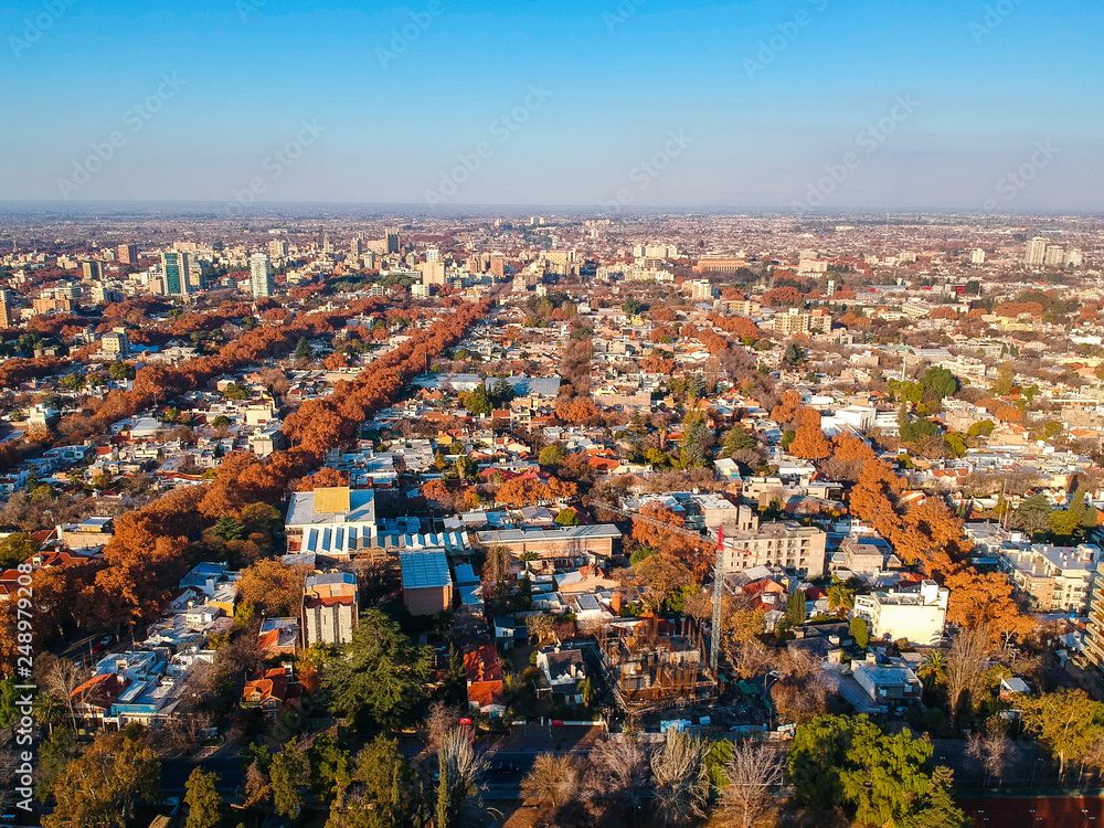 Aerial cityscape of Mendoza in a beautiful autumn day, Argentina