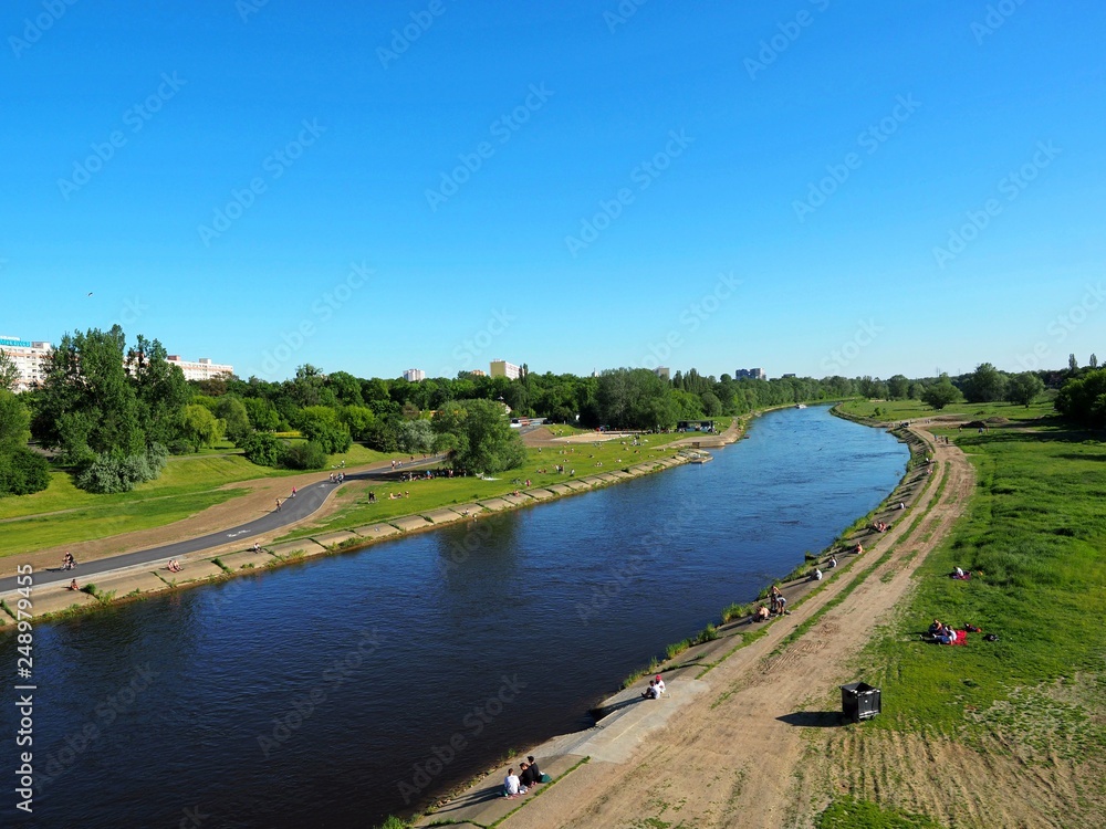 Wild beautiful nature, Warta river in Poznan, Poland, good place for picnic outing. 