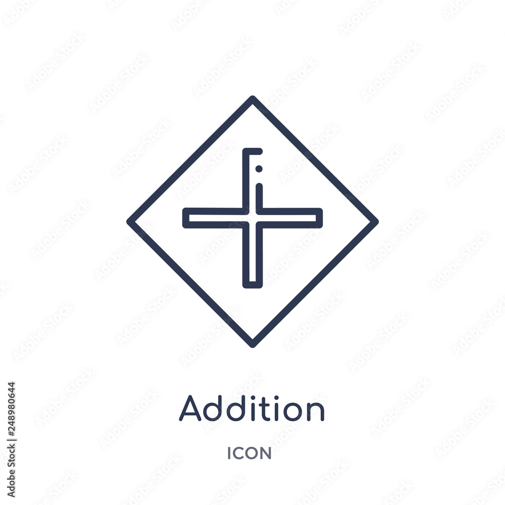 addition icon from signs outline collection. Thin line addition icon isolated on white background. addition icon from signs outline collection. Thin line addition icon isolated on white background.