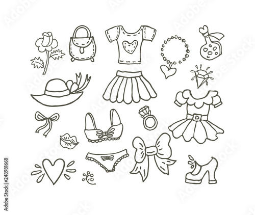 Set clothes fashion for girls. Hand drawn female wardrobe items line art illustration.