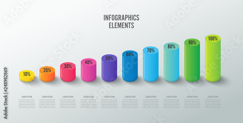 Set of infographic elements for graph, chart or diagram in the form of filled with colored liquid. Vector illustration