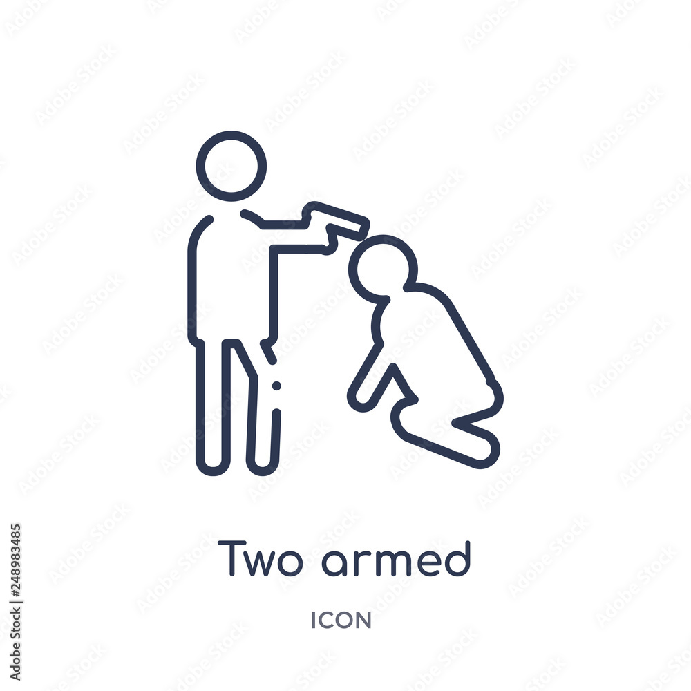 two armed gangsters pointing each other with their arms icon from people outline collection. Thin line two armed gangsters pointing each other with their arms icon isolated on white background. two armed gangsters pointing each other with their arms icon from people outline collection. Thin line two armed gangsters pointing each other with their arms icon isolated on white background.