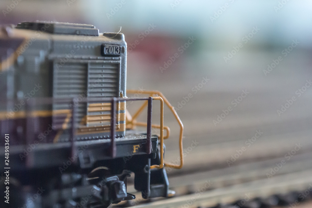 model train on railway, closeup, toy