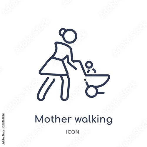 mother walking with baby stroller icon from people outline collection. Thin line mother walking with baby stroller icon isolated on white background.