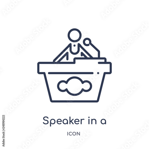 speaker in a conference icon from people outline collection. Thin line speaker in a conference icon isolated on white background.