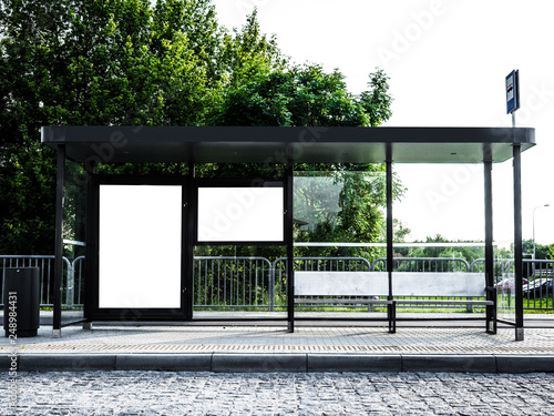 Blank white mockup of bus stop vertical billboard in empty street, Billboard banner