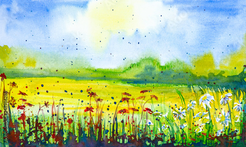 Bright watercolor illustration of a Russian field with flowers with a forest in the background