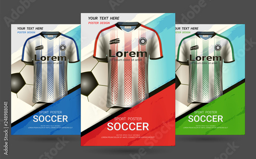Flyer & Poster Cover design template with Soccer jersey and t-shirt sport mockup uniform, Editable graphic element in red, blue and green colors. (EPS10 vector fully editable and color change)