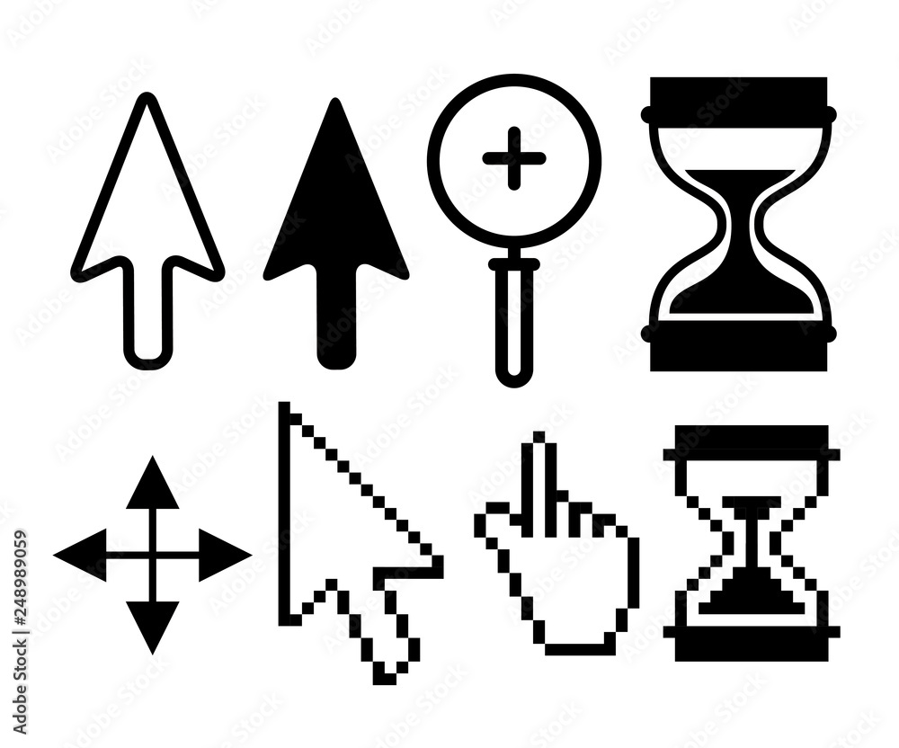 set arrow with hourglass and magnifying glass cursor