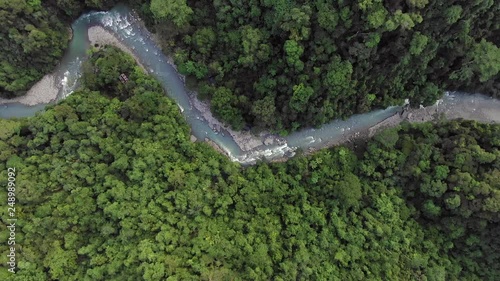 Aerial drone footage high above the rainforest canopy and Landak River in Bukit Lawang. Sequence 3 photo