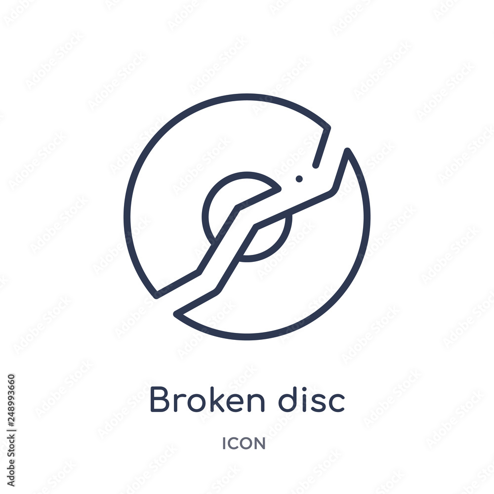 broken disc icon from multimedia outline collection. Thin line broken disc icon isolated on white background.
