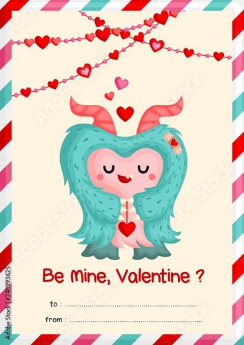 A Card of Cute Hairy Monster Holding Heart Decoration Happily to Celebrate Valentine Day