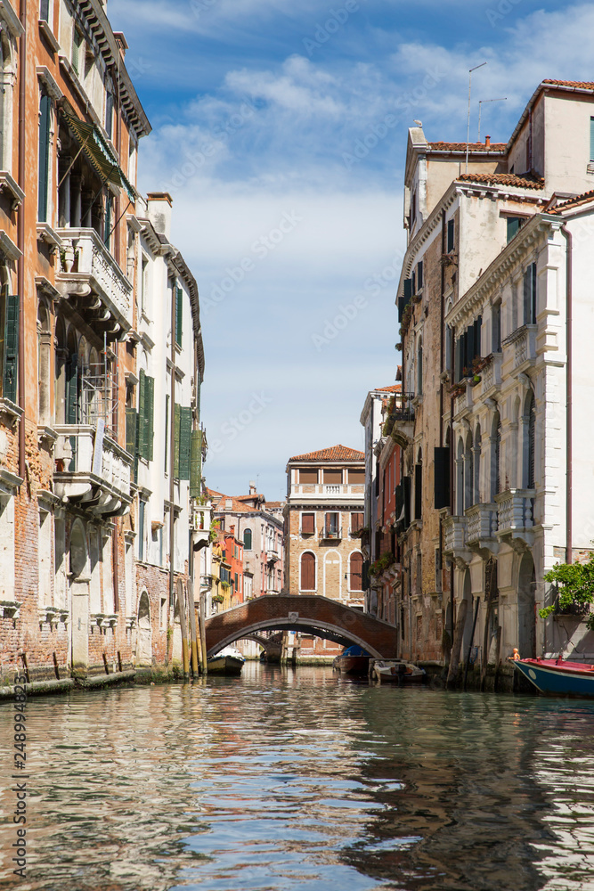 The view of Canal of Venice from the gondola boat