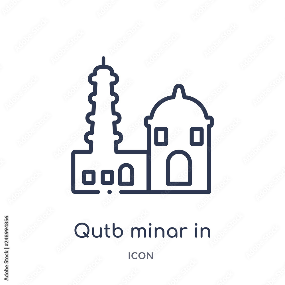 qutb minar in new delhi icon from monuments outline collection. Thin line qutb minar in new delhi icon isolated on white background.