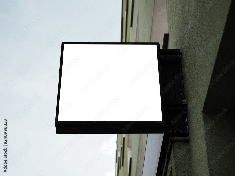Signboard side view of empty white mock up, squared, box, signage with ...
