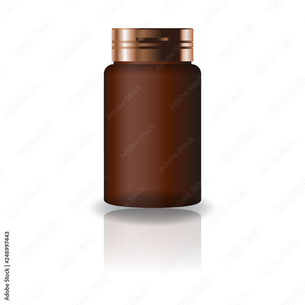 Blank brown medicine round bottle with cap lid for beauty or healthy product. Isolated on white background with reflection shadow. Ready to use for package design. Vector illustration. Blank brown medicine round bottle with cap lid for beauty or healthy product. Isolated on white background with reflection shadow. Ready to use for package design. Vector illustration.