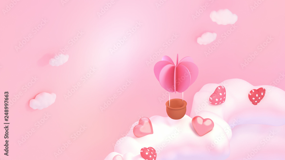 Sweet heart hot air balloon, clouds, and polka dots pattern heart. 3d rendering picture. Sweet heart hot air balloon, clouds, and polka dots pattern heart. 3d rendering picture.