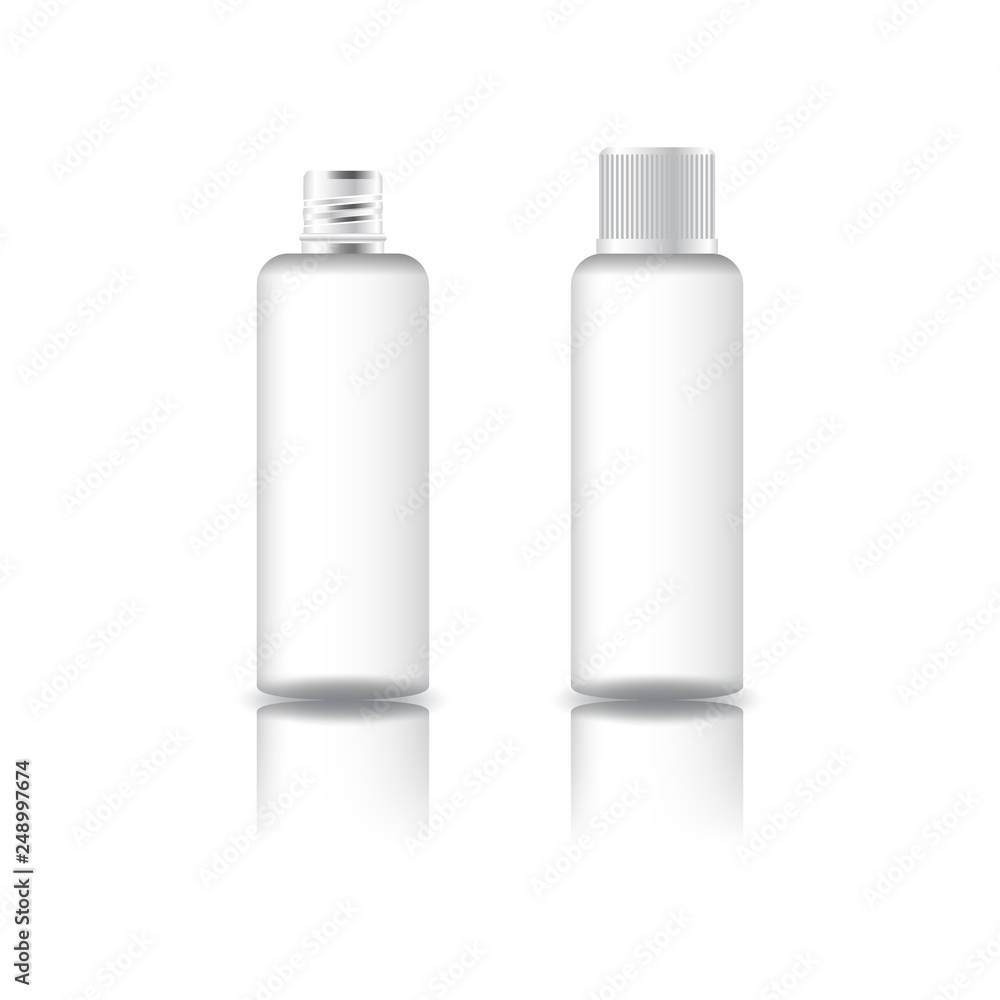 Blank white round cosmetic bottle with white grooved lid for beauty or healthy product. Isolated on white background with reflection shadow. Ready to use for package design. Vector illustration. Blank white round cosmetic bottle with white grooved lid for beauty or healthy product. Isolated on white background with reflection shadow. Ready to use for package design. Vector illustration.