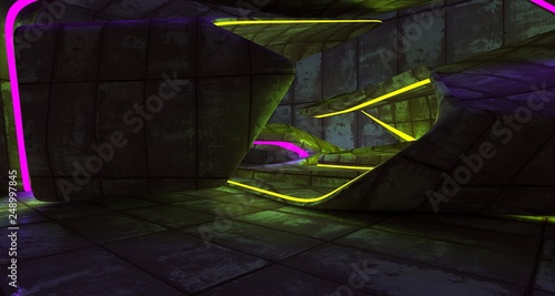 Abstract Concrete Futuristic Sci-Fi interior With Violet And Green Glowing Neon Tubes . 3D illustration and rendering.