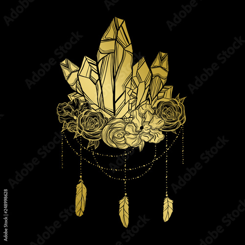 Elegant boho illustration with roses, crystals and feathers. Romantic dreamcatcher print.