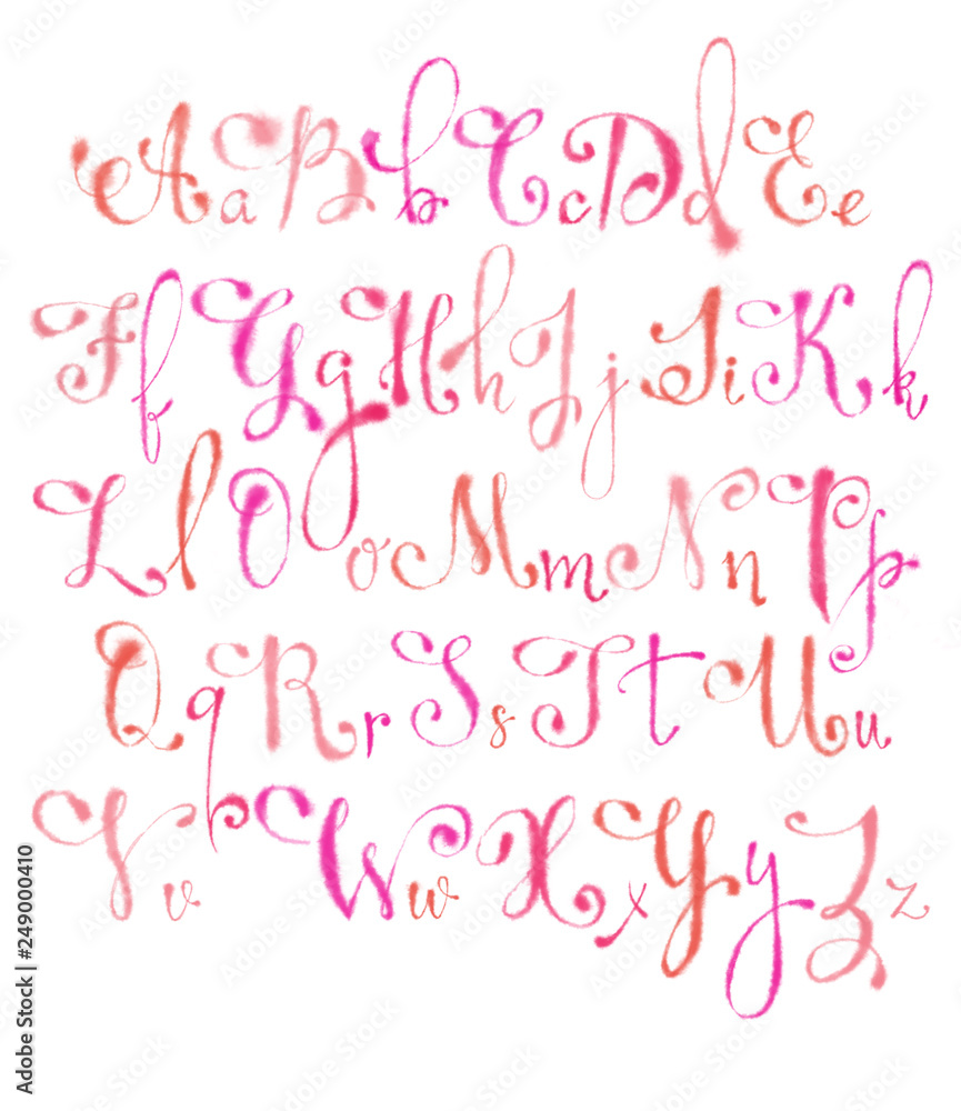 English Alphabet in Pink Calligraphy on White Background. Script Font with Watercolor Effects. Great for Romantic Messages.