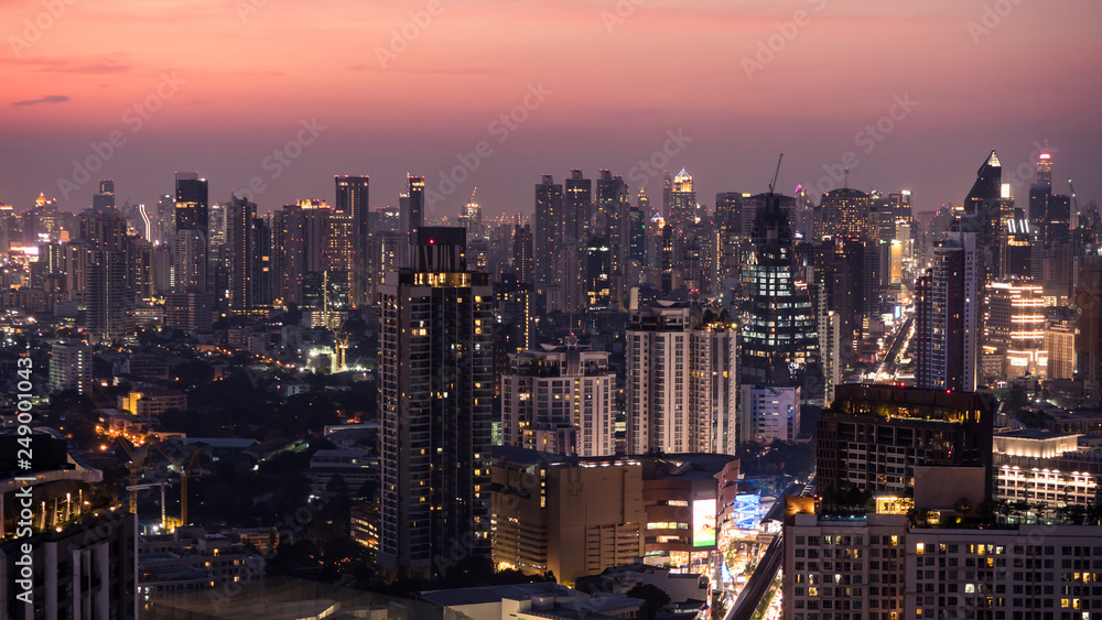 Business area in Bangkok, Thailand, showing buildings in twilight time