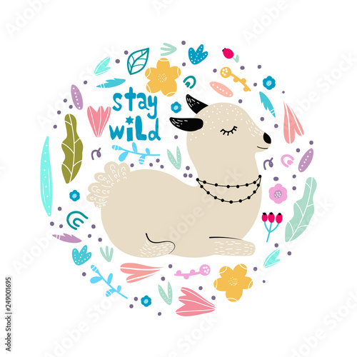 Lama in flowers and leaves arranged in circle, modern hand drawn style. Isolated cartoon illustration for kid game, book, t-shirt, textile, etc. Stay wild lettering.