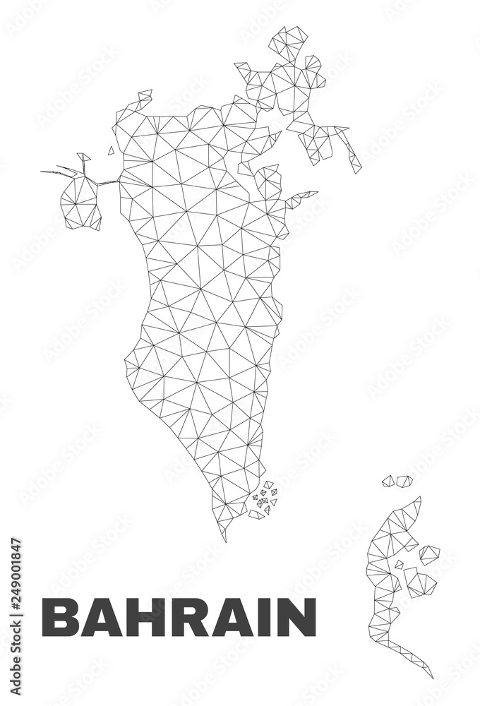Abstract Bahrain map isolated on a white background. Triangular mesh model in black color of Bahrain map. Polygonal geographic scheme designed for political illustrations. Abstract Bahrain map isolated on a white background. Triangular mesh model in black color of Bahrain map. Polygonal geographic scheme designed for political illustrations.