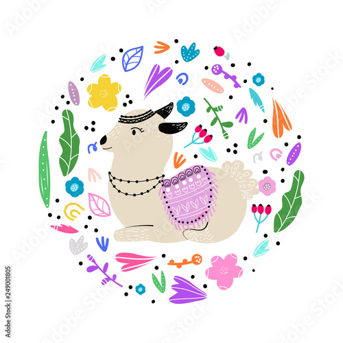 Lama in flowers and leaves arranged in circle  modern hand drawn style. Isolated cartoon illustration for kid game  book  t-shirt  textile  etc.