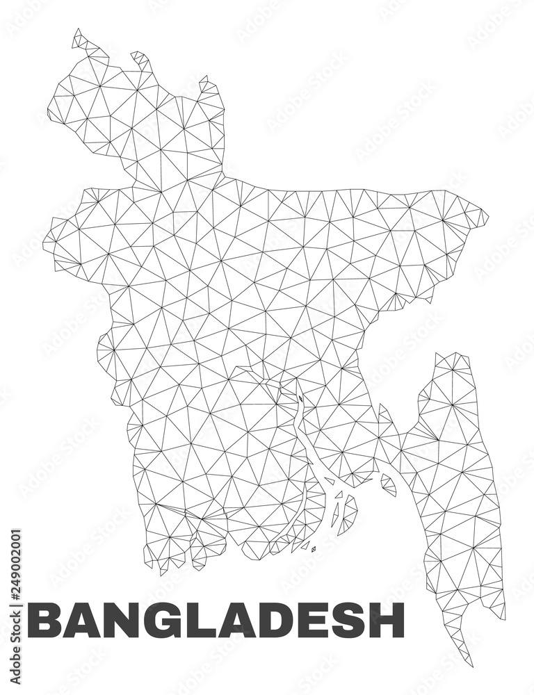 Abstract Bangladesh map isolated on a white background. Triangular mesh model in black color of Bangladesh map. Polygonal geographic scheme designed for political illustrations.