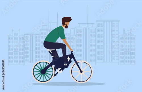 Fototapeta Naklejka Na Ścianę i Meble -  Cartoon picture with man riding fast modern electric bicycle. Enjoying futuristic bike ride. Flat style vector illustration. Background with Big City.