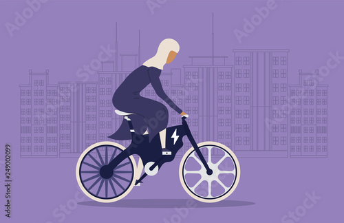 Cartoon picture with arabian woman, riding fast modern electric bicycle. Enjoying futuristic bike ride. Flat style vector illustration. Background with Big City. photo