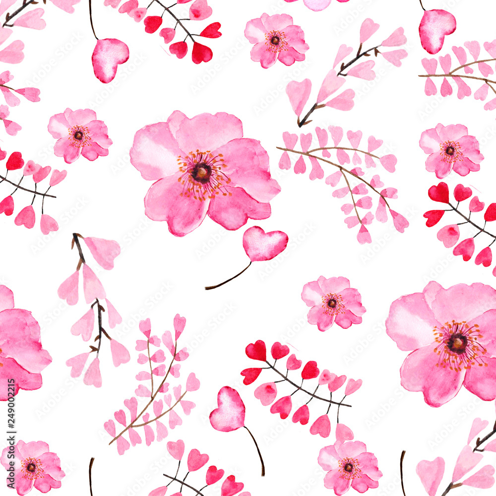 Watercolor Light Pink Spots And Flowers Seamless Pattern Illustration for design wedding invitations,