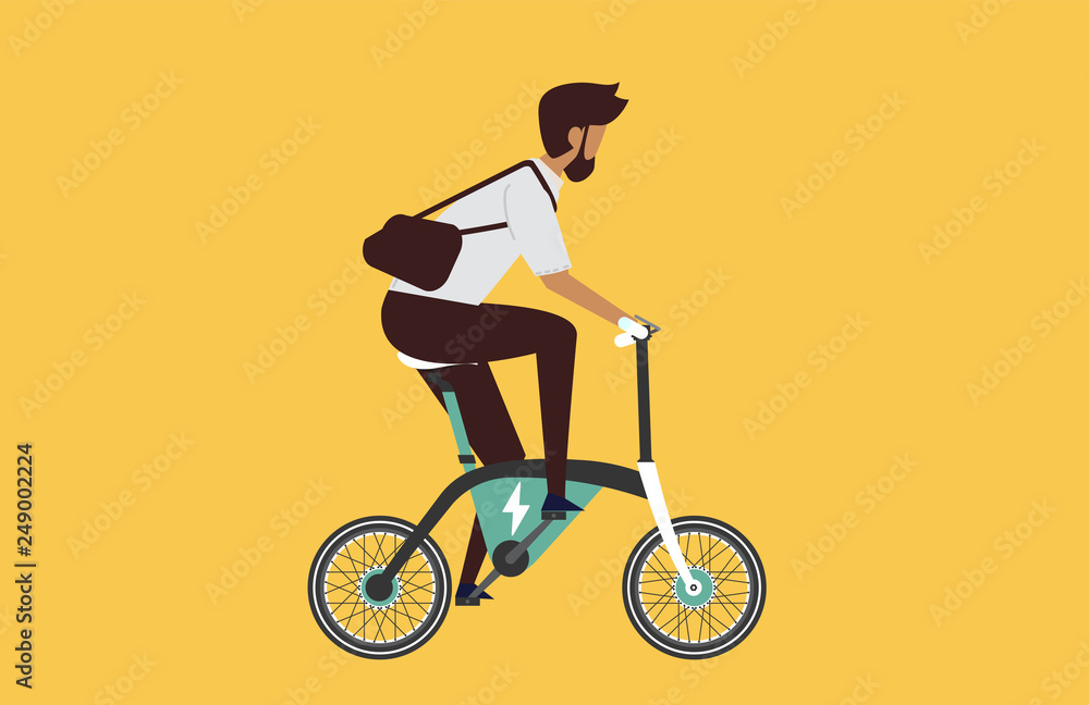 Cartoon picture with man riding fast modern electric bicycle. Enjoying  futuristic bike ride. Flat style vector illustration. Background. Stock  Vector | Adobe Stock