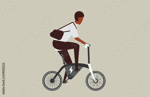 Cartoon picture with man riding fast modern electric bicycle. Enjoying futuristic bike ride. Flat style vector illustration. Background. photo