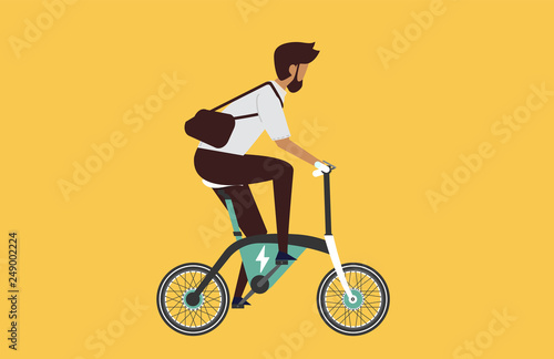 Cartoon picture with man riding fast modern electric bicycle. Enjoying futuristic bike ride. Flat style vector illustration. Background.